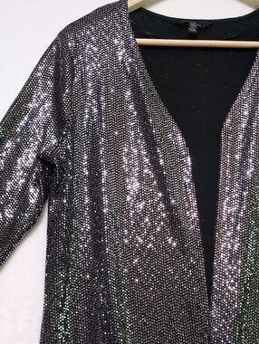 Jules & Leopold Holographic Metallic Sparkle Open Front Duster Cardigan XS Black
